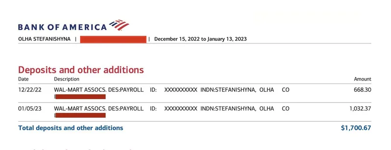 Payroll payment from Walmart on bank accound of Olha Stefanishynaa