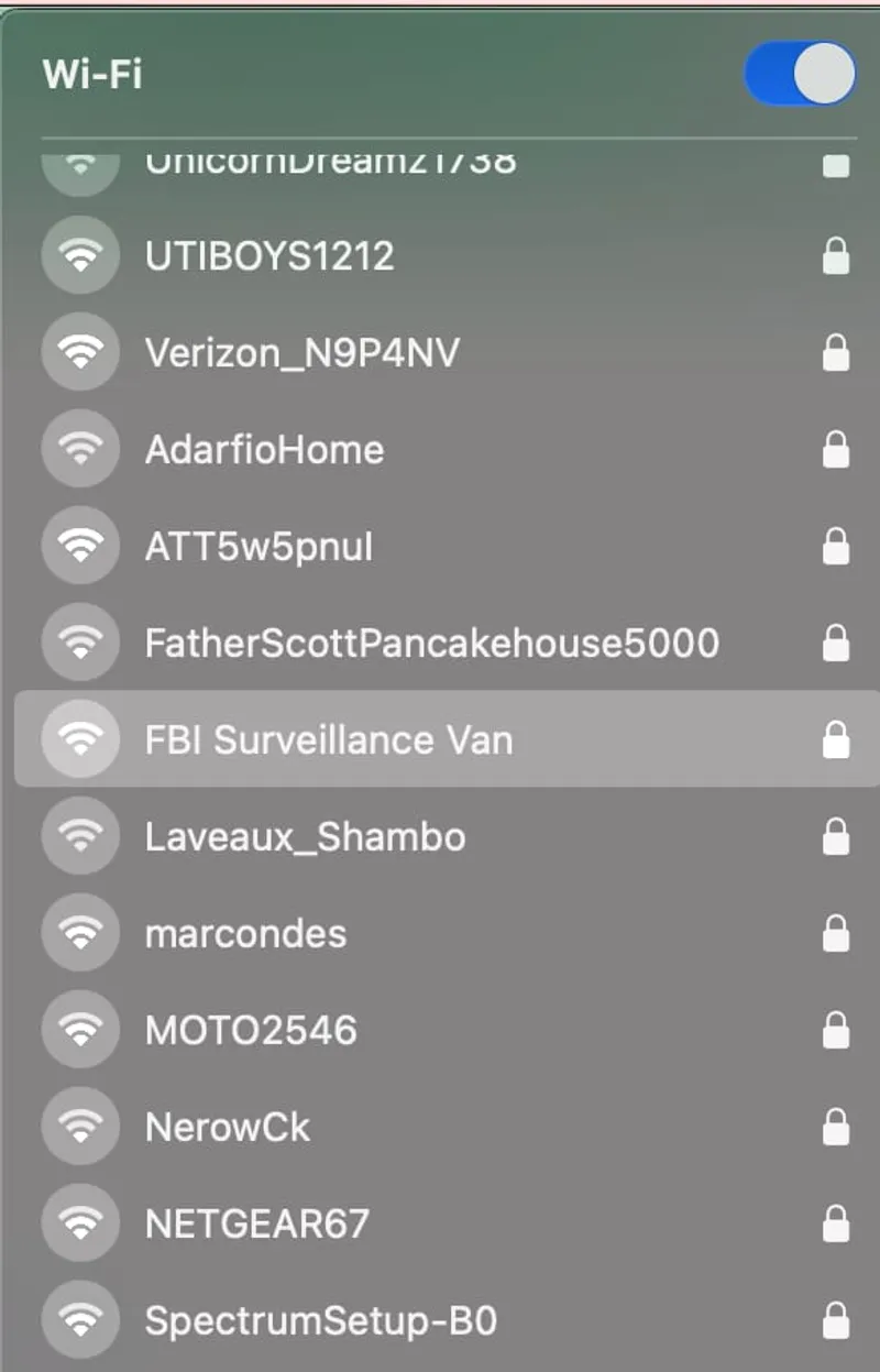 Screenshot showing available Wi-Fi networks, including one named 'fbi van'.