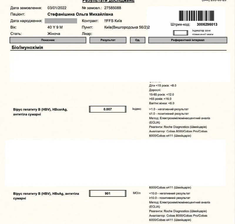 Olha Stefanishyna Hepatitis B Surf Ab Quant test result 2022 showing decreasing of antibodies and immunity due to past infection 2022