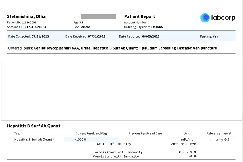 Olha Stefanishyna Hepatitis B Surf Ab Quant test result