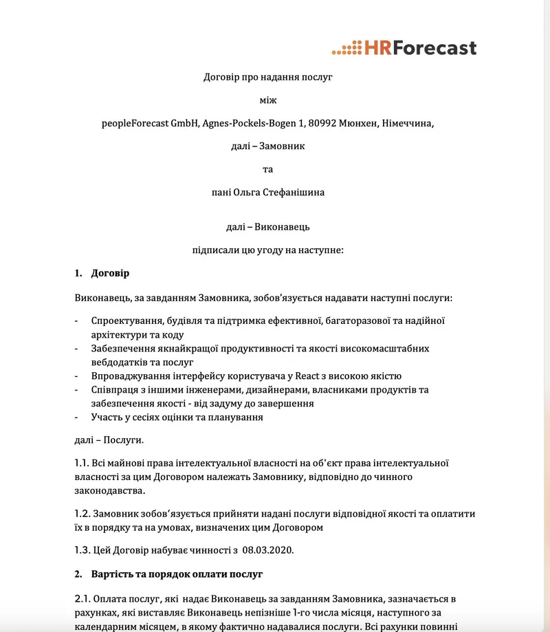 Contract agreement between HRForecast and Olha Stefanishyna, showing some terms of cooperation