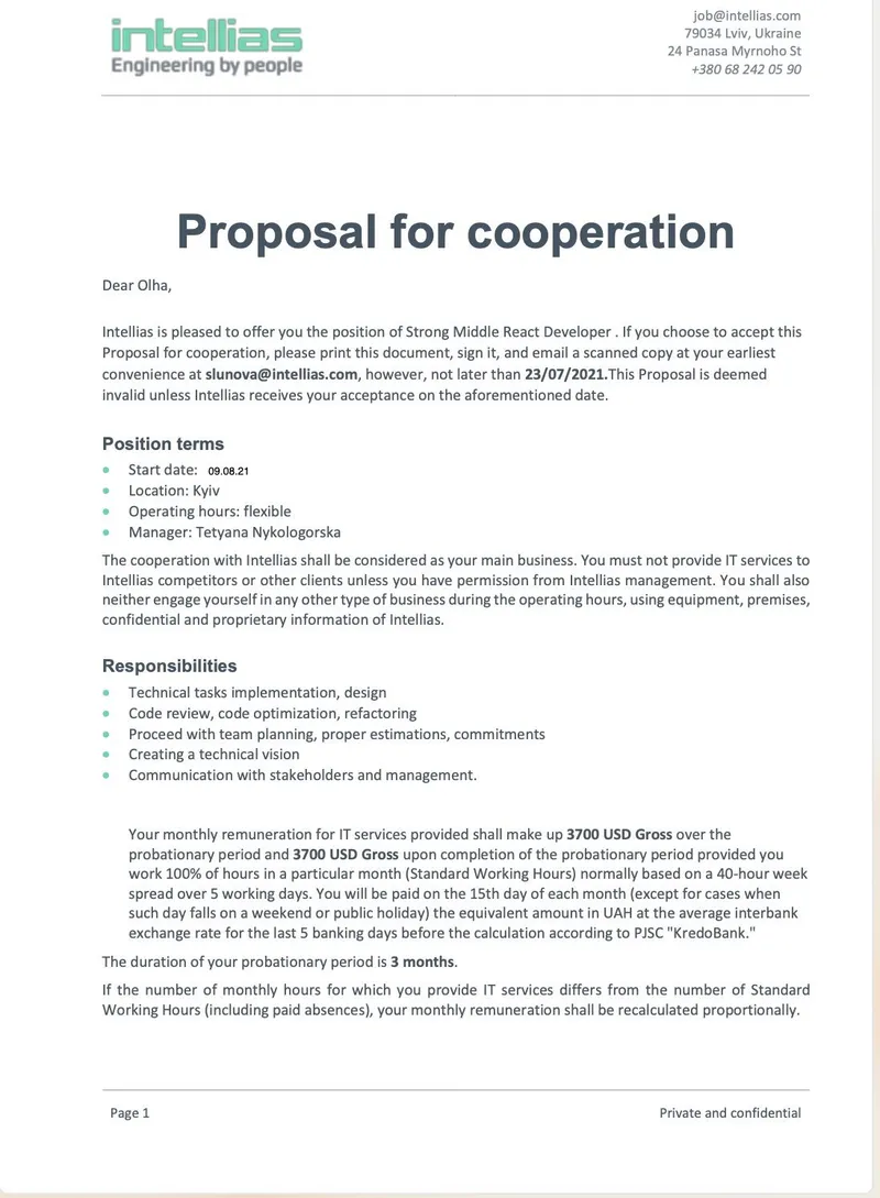 Professional cooperation proposal from Intellias to Olha Stefanishyna for software development services