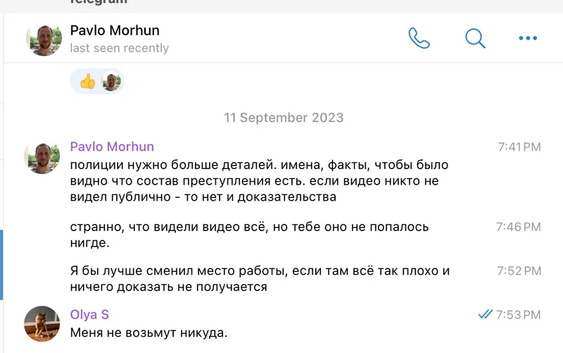 Olha Stefanishyna trying to look for witnesses in Telegram talking to Pavlo Morgun