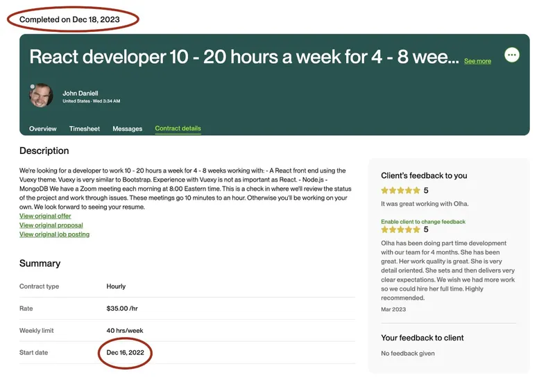 Upwork Contract of Olha Stefanishyna