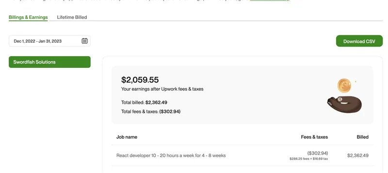 My income via Upwork Dec 2022 - Jan 2023
