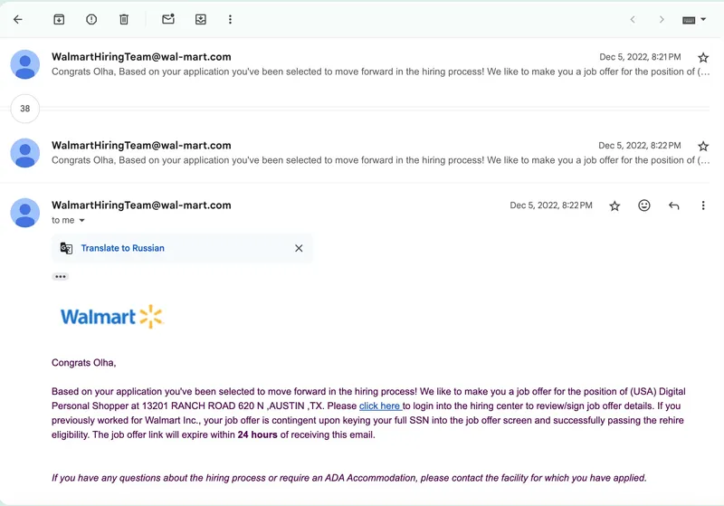 Walmart Job Offer for Olha Stefanishyna